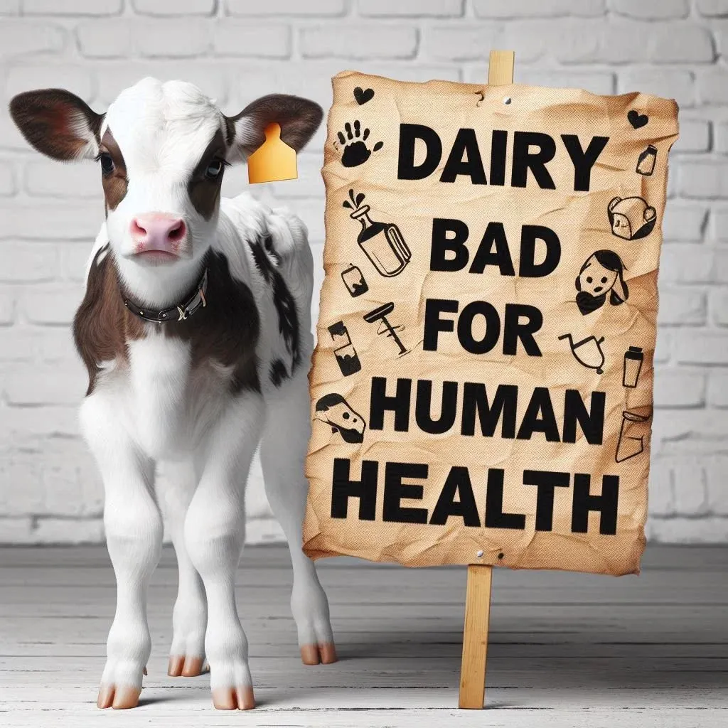 A calf standing beside a protest-style sign reading "Dairy bad for human health," illustrated with small icons of a milk carton, cheese and other dairy items.