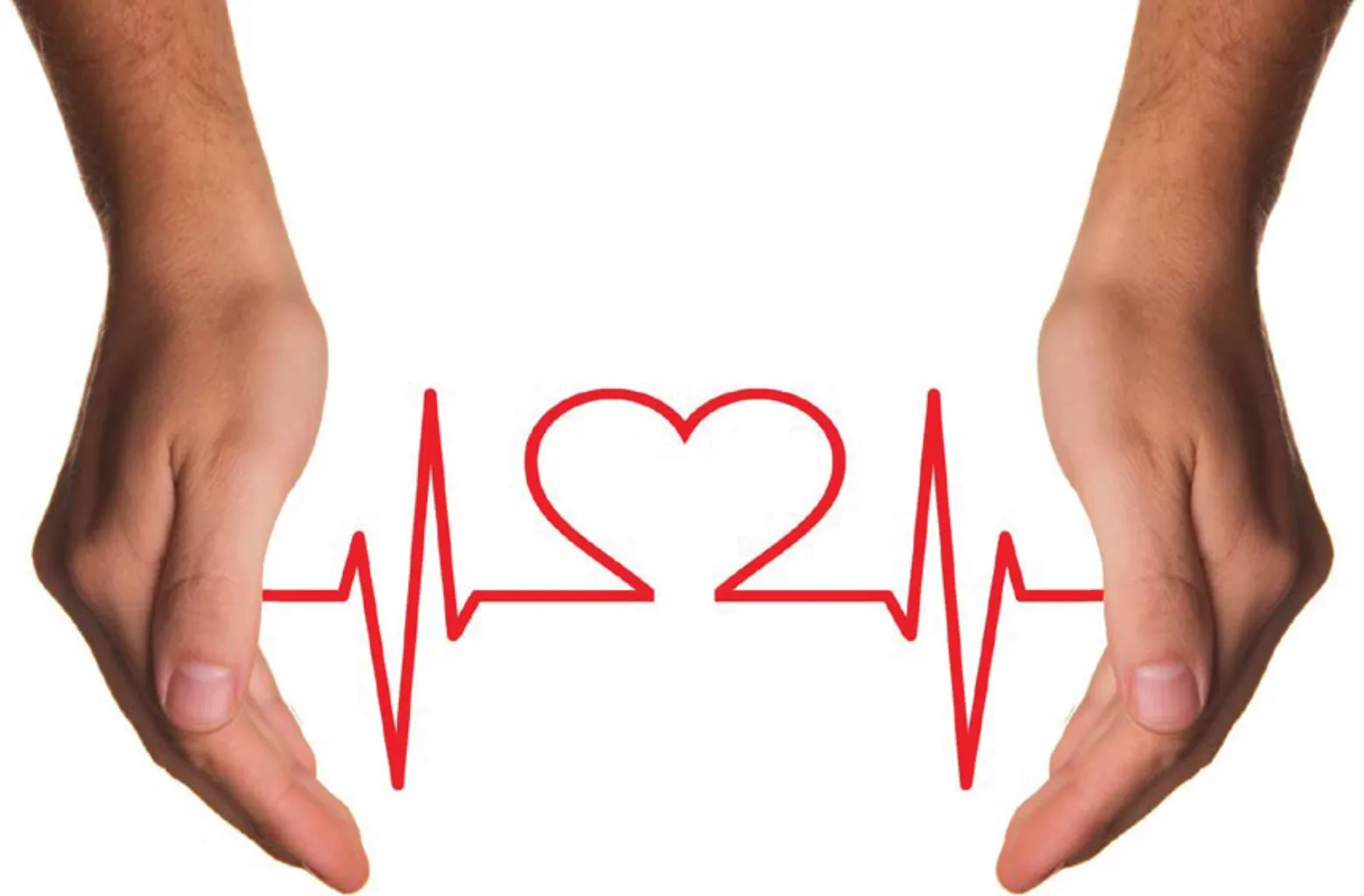 Two hands framing a red heartbeat line that forms a heart shape in the center.