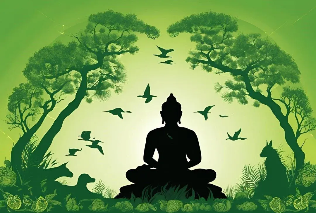 Silhouette of a seated Buddha in a lush forest with trees, birds flying, a rabbit, and a fox, all in green hues.