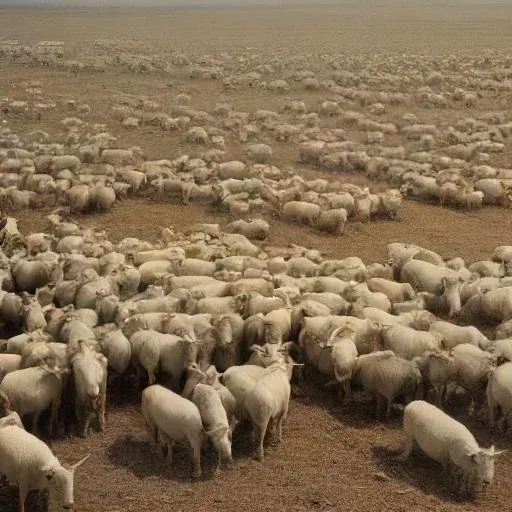 A herd of sheep grazing on a barren, dry field with a vast, flat landscape in the background.