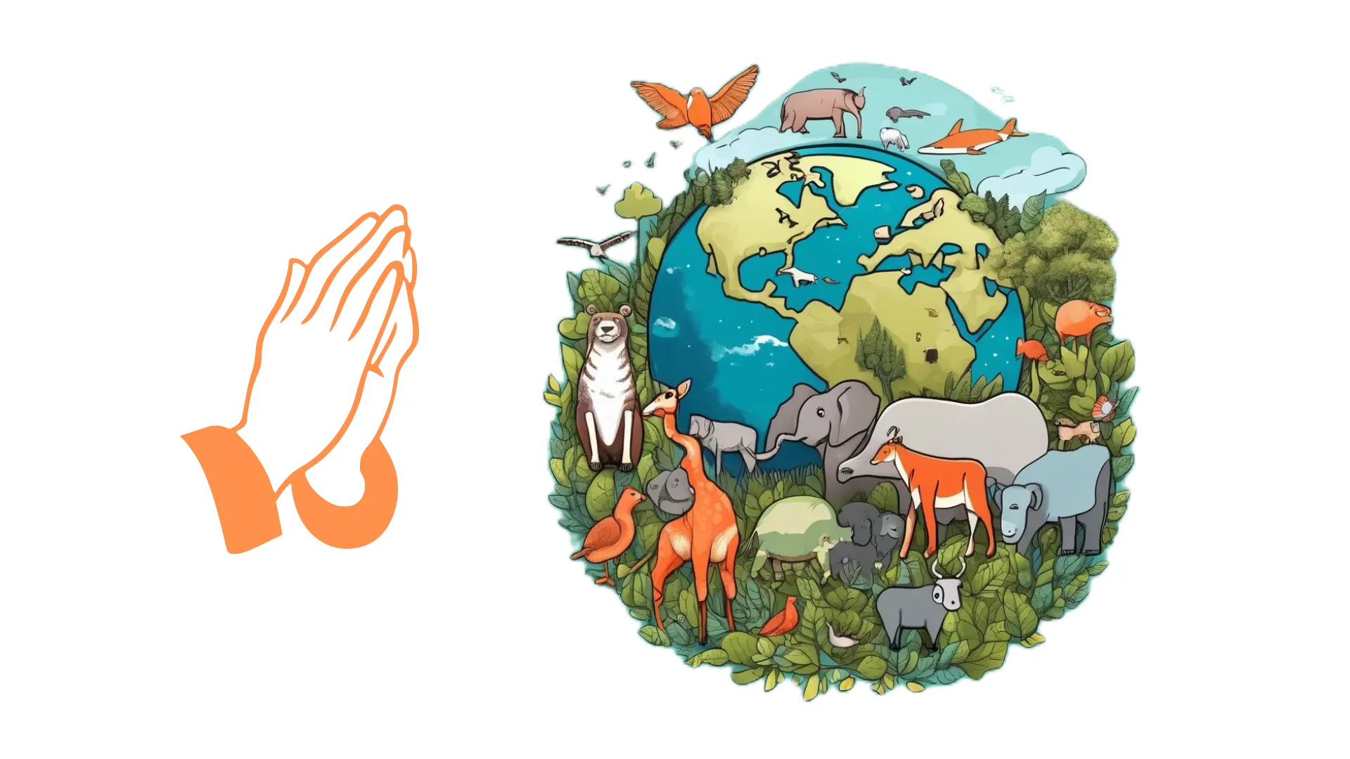 Illustration of orange praying hands beside an illustrated Earth surrounded by wild animals, birds and greenery.